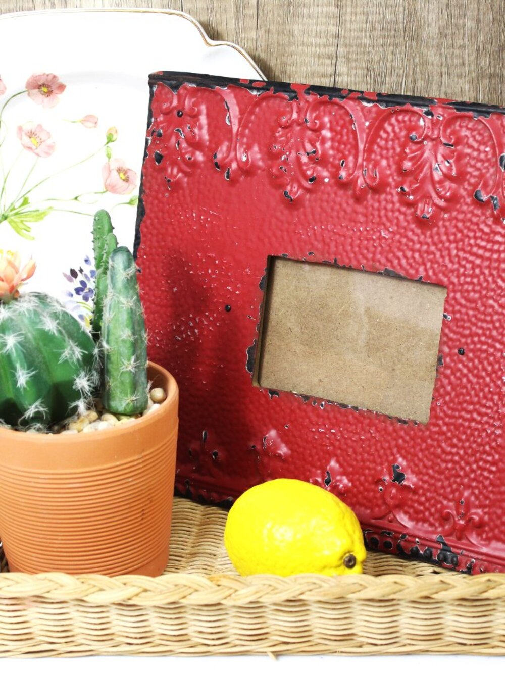 Red Chippy Paint Metal Photo Frame – Hammered Embossed Floral Fleur De Lis